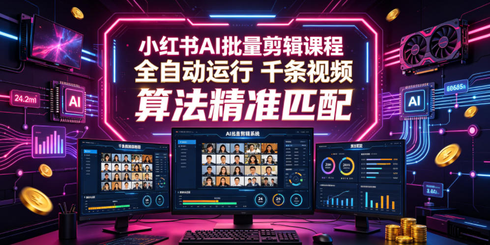 小红书AI批量剪辑课程，24小时全自动运行，解放双手专注运营，千条视频批量处理，小红书算法精准匹配