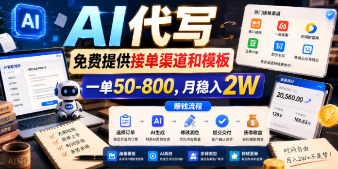 AI代写，免费提供接单渠道和模板，一单50-800，月稳入2W【揭秘】