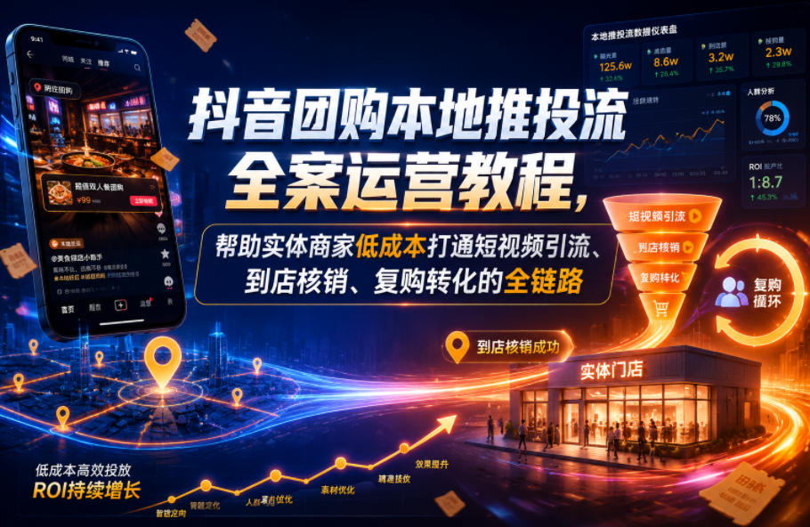 抖音团购本地推投流全案运营教程，帮助实体商家低成本打通短视频引流、到店核销、复购转化的全链路